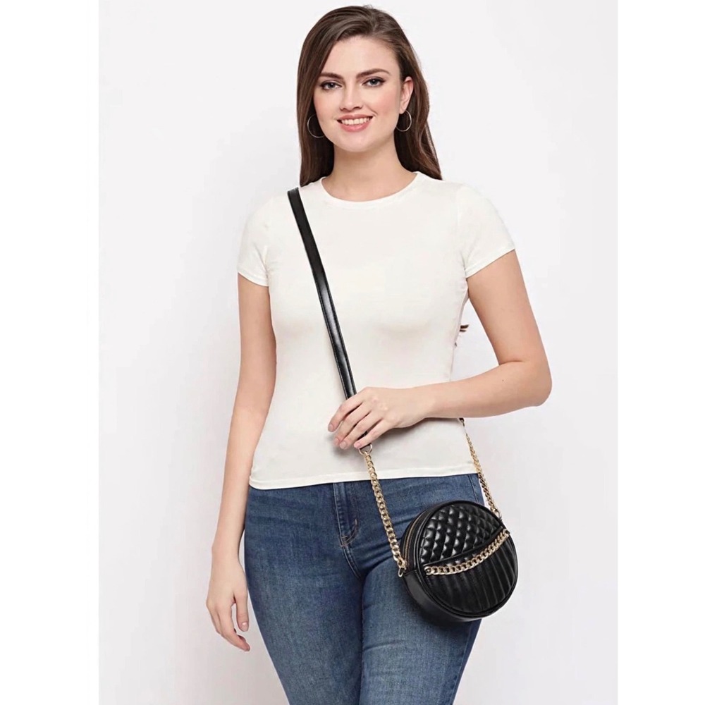 Zara Black Quilted Round Crossbody Bag Gold Chain Detail Circle Purse